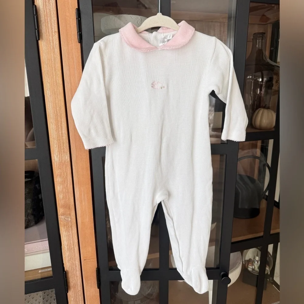 Dondolo knit coverall footies baby girl embroidered heirloom peter pan collar